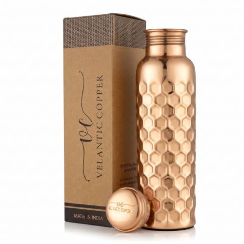 Image of Copper Water Bottle - 32 Oz - Handcrafted Ayurvedic Vessel | Glossy Honeycomb, Jointless Leak-proof, Eco-Friendly, BPA-Free, Handmade Water Bottles for Yoga, Office, Travel