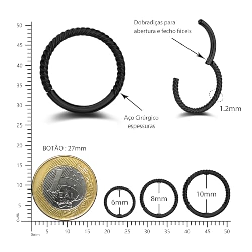 LOMISS PIERCING ARGOLA AÇO CIRÚRGICO PVD SEGMENTO ARTICULADO DETALHE TORCIDO 1,2X6/8/10mm (PRETO, 1,