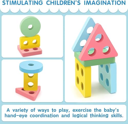 Image of SHINETOY Montessori Toys for 1-3 Year Old Boys Girls Toddlers, Wooden Sorting & Stacking Toys for Kids Preschool, Educational Building Blocks, Color Recognition Stacker Shape, 16 pcs