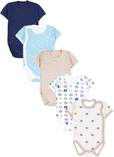 TupTam Baby Body Kurzarm Jungen – Wickelbody Kurzarm aus Baumwolle im 5er Set – OEKO-TEX Zertifiziert, Farbe: Dino Bären Elefanten Beige Dunkelblau Eisberg, Größe: 74