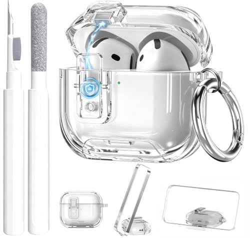 Image of Compatible with Airpods 4 Case Clear with Lock Phone Stand, Soft TPU Magnetic Automatic Lock Apple AirPods 4th Generation Protective Cover Skin Women Men + Cleaning Kit for iPod 4 2024 Case Clear