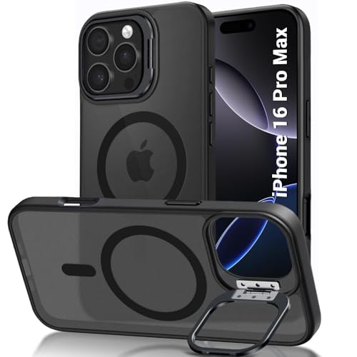 Image of TheGiftKart Hybrid Matte Frosted Back Cover Case for iPhone 16 Pro Max Compatible with MagSafe | Built-in Stand | Shockproof Hard Back Cover Case for iPhone 16 Pro Max (PC & TPU, Translucent Black)