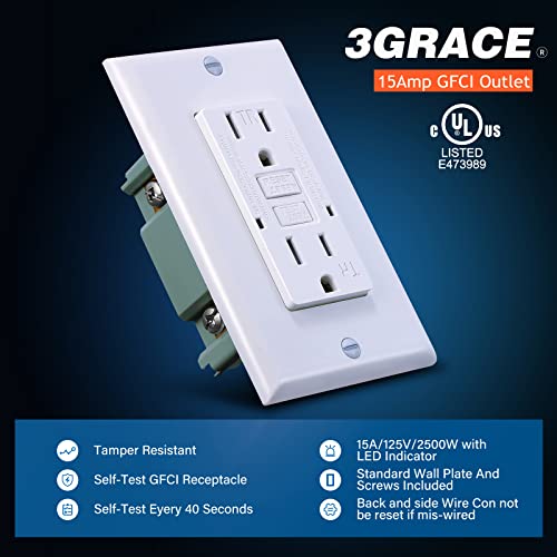 15 Amp GFCI Outlet, Tamper-Resistant GFI Receptacle with LED Indicator, Self-Test Ground Fault Circuit Interrupter, Decorator Wall Plates and Screws Included, UL Listed, White（10 Pack）