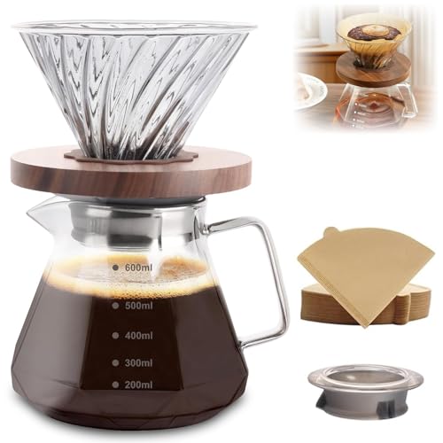 NICEWAT Pour Over Coffee Maker 20oz, 600ml Borosilicate Glass Coffee Server, Drip Coffee Brewer with 100 pcs Paper Filter, Walnut Base & Glass Lid, Holds 3 Cups, for Home Café Restaurant Camping
