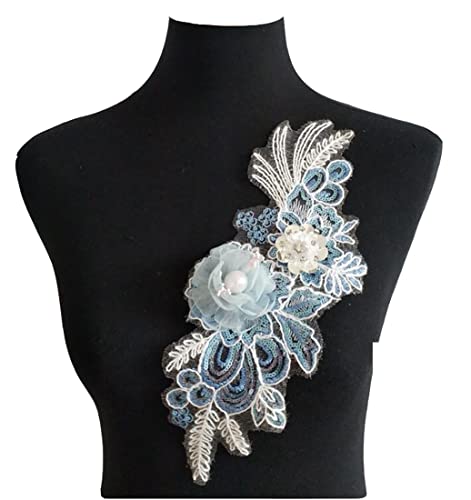 RUINUO 3D Lace Beads Flower Applique Patches Sew on Patches Floral Embroidered Appliques Colorful Sewing Wedding Dress Handmade Decor Blue