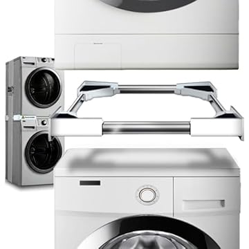 Modern Innovations Kit de empilhamento ajustável de lavadora e secadora, soluções de armazenamento inteligentes, inclui alça de catraca, hastes e almofadas, conjunto de prateleira empilhável de