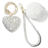 Heart Keychain Off White Keychain White Pom Pom Keychains Bag Charms Bling Keychains for Women Girls Silver Wristlet Keys Purse Charms for Handbags Backpack Accessories Pompom Key Chains