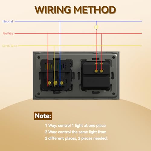 BSEED Druckknopf Rocker Tactile 1 Fach 1 Weg Lichtschalter Glas und 3 in 1 Steckdose mit 2.1A USB Ladeleistung mit Type C Adapter Aufladestation Glasscheibe Wandschalter Grau