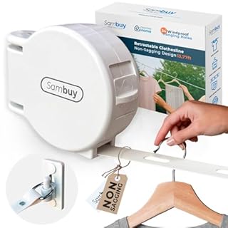 Non-Sagging Retractable Clothesline | Compact 13.77 ft - 56 lbs Heavy Duty Load & Windproof with 34 Holes | Drill or No-Drill Wall Mount | Indoor & Outdoor Dryer Rack Ideal for Laundry, Garden