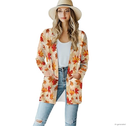 Image of Fall Maple Leaf Cardigan Sweaters for Women Long Sleeve Cardigan Soft Drape Open Front Dusters V-Neck Jackets Dressy