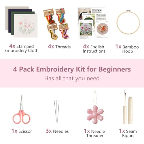 Image of 4 Pack Embroidery Kit for Beginners,Adults DIY Starter Kit,Cross Stitching Kits with Flower Stamped Patterns,Hoop,Tools,Colorful Threads with Needles,Step by Step Instructions,Hand Craft Lover Gift