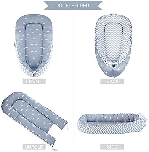 SONARIN Baby Nest for Newborn and Babies,Double Sided,Baby Bassinet for Bed/Lounger/Nest/Pod/Cot Bed/Sleeping, Breathable,100% Cotton Hypoallergenic,with Pillow,Portable(Crown Gray)