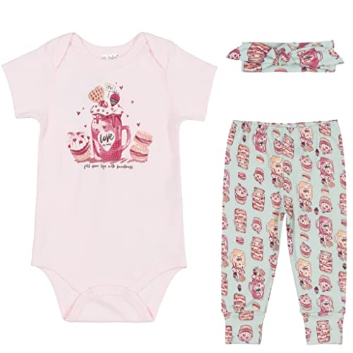 Conjunto Bebê Menina Verão Algodão Body Manga Curta Calça Faixa de Cabelo 03 Peças Roupas de Bebe Do