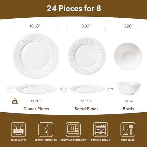 KINGSTONE Bone China Dinnerware Set, 24-Piece White Lightweight Porcelain for 8, Plates and Bowls with Rhombus patterned edge design, Microwave and Dishwasher Safe, for Family, Restaurant, Gifting by KINGSTONE - Image 2