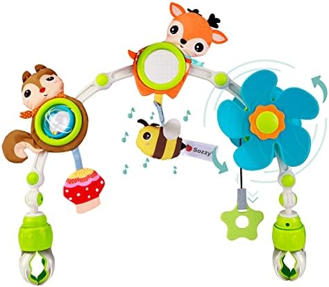 Baby Stroller Arch Toy: Baby Crib Mobile Musical Animal Toys, Foldable Travel Car Seat Toy Activity Arch Pull String for Bouncers Pram, Newborn Sensory Toy 0-24 Months Infant Boys Girls Sleep, Fox
