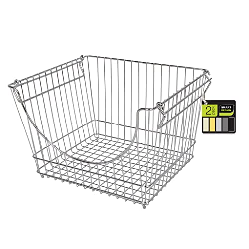 Smart Design Stacking Baskets with Handles - Set of 2 Large - Steel Metal Wire - Fruit Produce and Vegetable Safe Storage Bin Organizer - Pantry Counter Stand Rack - 12.5 x 8.5 Inch - Chrome