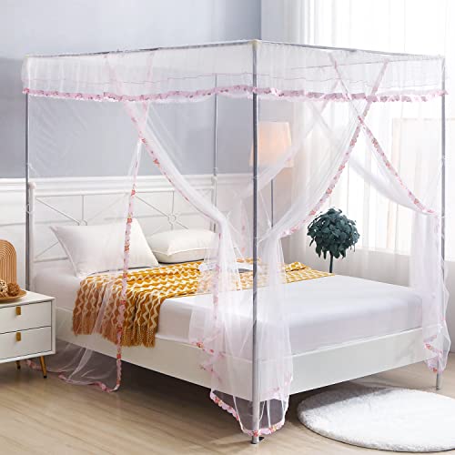 JQWUPUP Canopy Bed Curtains Full - 4 Corner Canopy for Beds, Bed Canopy for Girls Adult, Bedroom Decor (Full Size, White), (16881103)