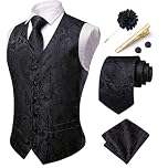 Hi-Tie Men's Black Formal Waistcoat Silk Paisley Tuxedo Suit Vest Jacquard Necktie Pocket Square Set for Wedding