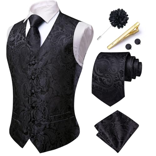 Image of Hi-Tie Black Waistcoats for Men Formal Paisley Suit Vest Jacquard Silk Necktie Pocket Square Set for Wedding Party