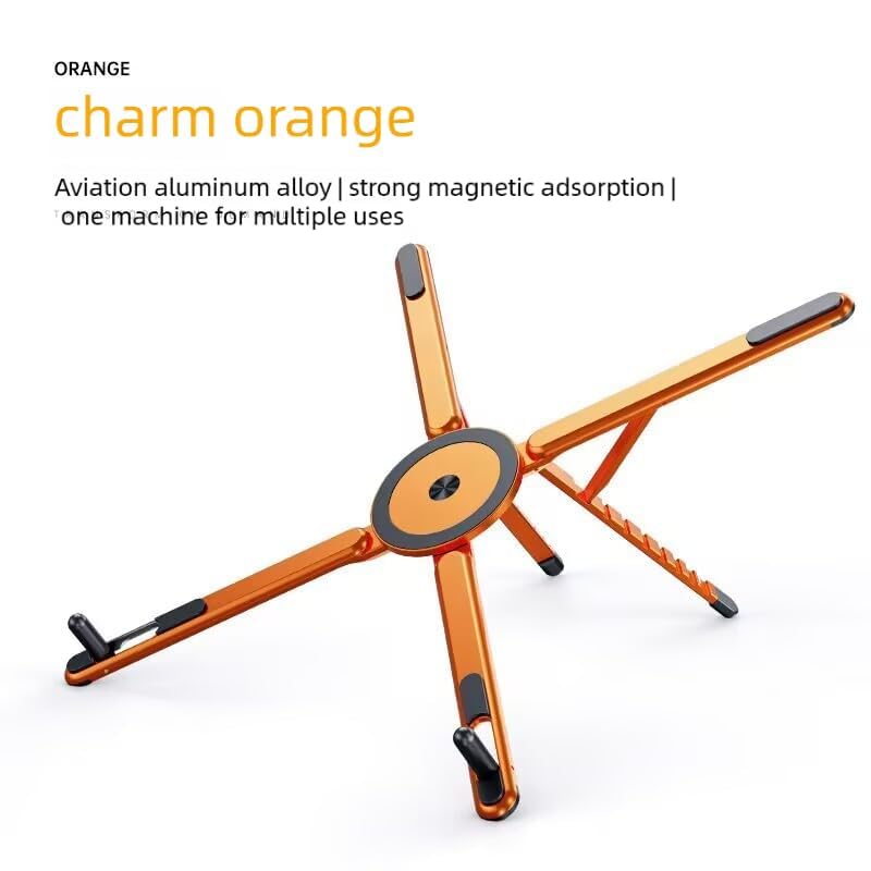 Image of EDNITA Foldable Magnetic Laptop Stand for Desk, Adjustable Portable Aluminum Notebook Holder, Compact Ergonomic Laptop Riser for MacBook, Laptops, Mobile & Tablets with Magnetic Feature-Orange