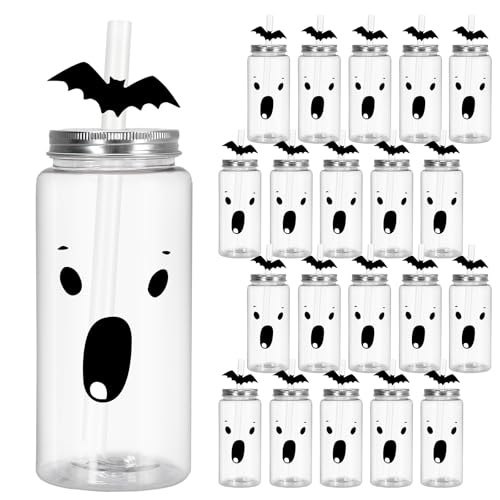 JarThenaAMCS 20 Pcs Halloween Plastic Cups with Lids and Straws Bat Ghost Drinking Cups Bulk for Hot Cold Beverage Holiday Birthday Party Decorations, 14 Oz