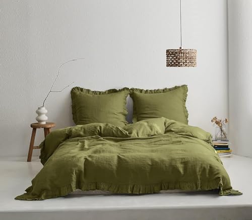 Generic The Bed Linen, Linen Ruffle Duvet Cover in Moss