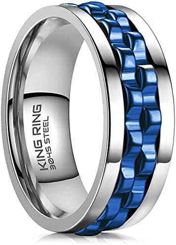 King Ring 8mm Gear Spinner Ring – Ultra Polished Heavy Fidget Ring, Stainless Steel Ring, Spin Fidget Rings for Men & Women, Fidget Spinners, Mens Rings - Silver Blue 9