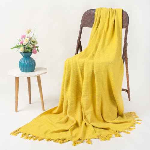 Image of Cotton Throw Handmade Sofa Blanket - Soft & Cozy 50X60 Inches, Premium Cotton, Lightweight & Stylish for Sofa, Bed, Living Room, Bedroom - Elegant Home Decor (Yellow)