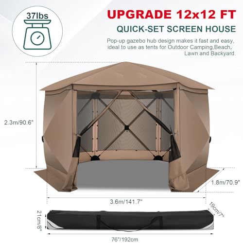 Image of COBIZI 12x12 FT Pop Up Canopy Extendable Tent, Gazebos On Clearance with Removable Roof, Screened in Gazebo with sidewalls, Screen Tents Portable carpas para Patio for Outdoor Camping,Backyard,Khaki