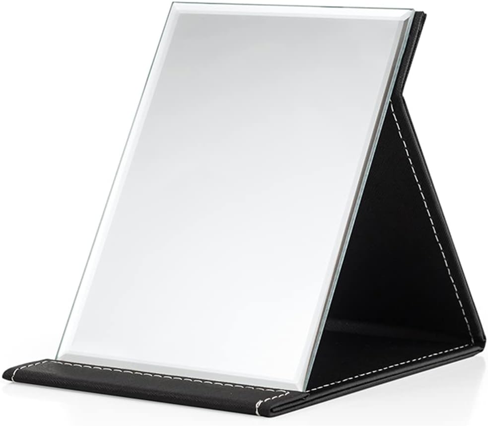 Portable Folding Makeup Mirror Black PU Leather Travel Mirror with Stand Desktop Vanity Mirror for Travel Camping(M(6.69 * 4.8in)) Black