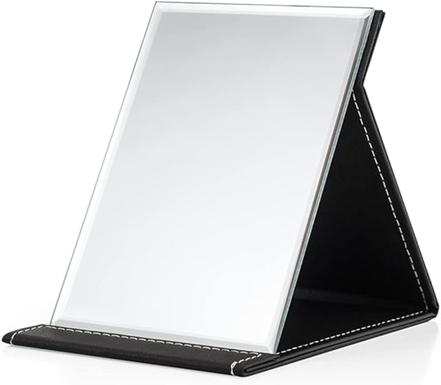 WFEWE Portable Folding Makeup Mirror Black PU Leather Travel Mirror with Stand Desktop Vanity Mirror for Travel Camping(M(6.69 * 4.8in), Black)