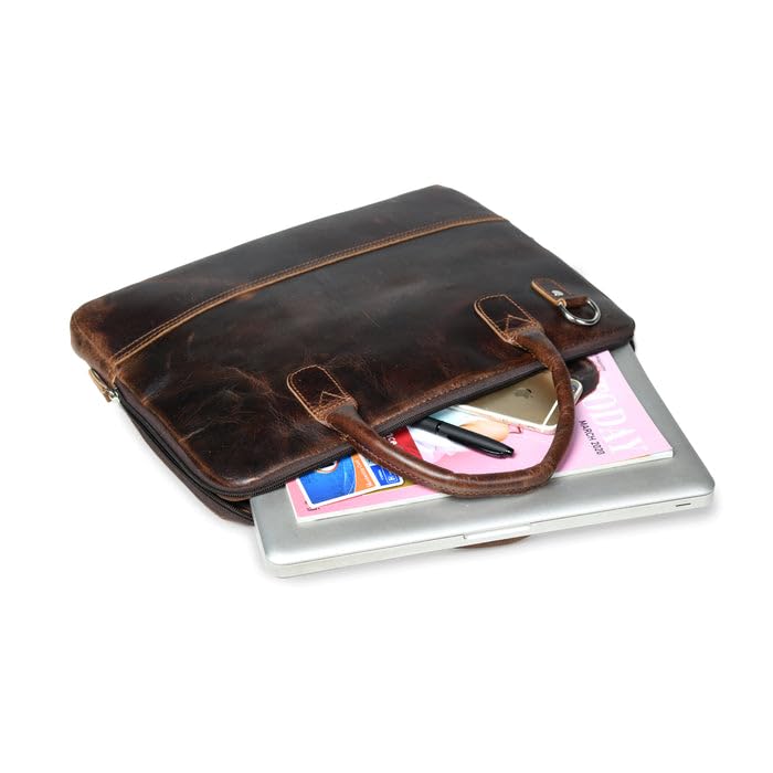 Image of MaheTri Modernist Genuine Leather Laptop Bag (Up to - 15.6 inch) for Men & Women | Unisex Lightweight Leather Briefcase with Adjustable Strap | Multiple card Slots With Zipper Pockets