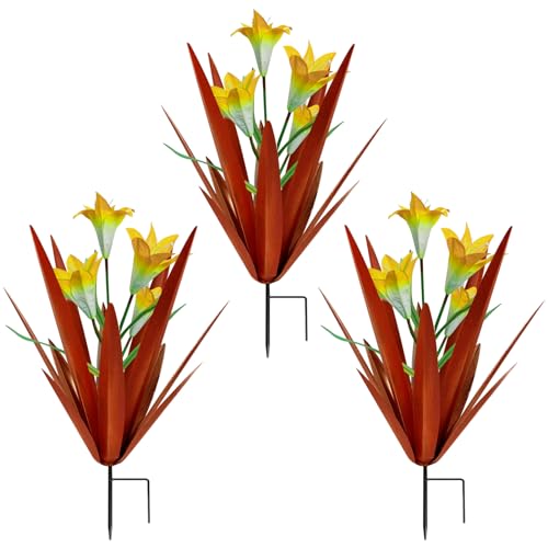 Homight Metal Agave Plant Outdoor Decoration Lily Mexican Yard Art Garden Gift Home Decor Hand Painted Metal Agave Garden Yard Statue, Outdoor Lawn Ornaments(3 Big Yellow Lilies)