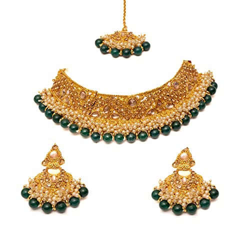 MARVELOUS ARTS – Gold Plated Pearl Choker Necklace with Earrings and Mang Tika, Jewellery Set Wedding Collection for Women