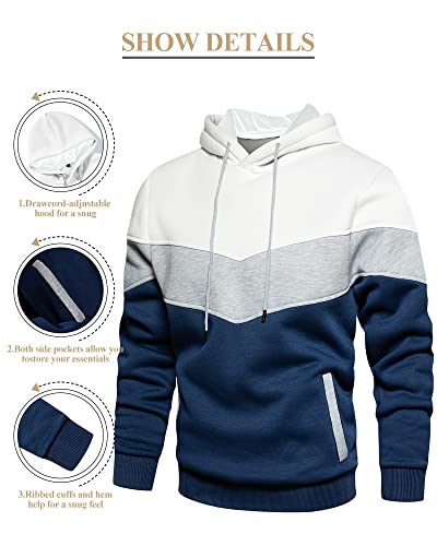 LBL Men's Hoodies Colour Block Hooded Sweatshirts Drawstring Fleece Hoodie with Side Pockets White S - Image 3