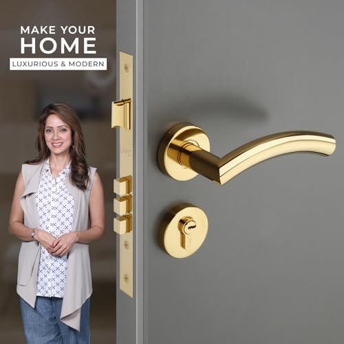Image of LAPO Mortise Door Lock for Home Main Door & Bedroom with Handle - 50x85mm Body - 3 Brass Keys - Heavy-Duty 70mm Cylinder - Left-Right Fit 30-50mm Door Home Office Hotel | Gold Finish | CMH-5T
