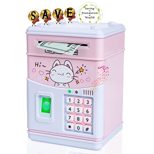 Electronic piggy bank for girls boys.Cute kids bank with fingerprintÂ can auto rolling cash coins,Digital kids safe with childrenâ€™s music,helpful for kids cultivating financial awareness(Pink-cat)