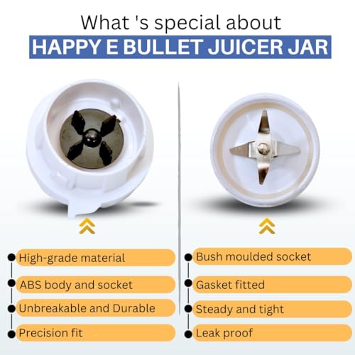 Image of HAPPY E Premium Bullet Mixer Grinder Jar, 300ml BPA-Free Polycarbonate Jar with SS 304 Cross Blade, 2-Lock System & 4-Teeth Coupler for Grinding, Blending & Mixing