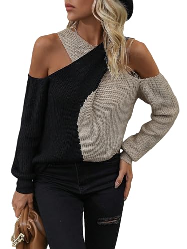 OYOANGLE Women's Color Block V Neck Cold Shoulder Long Sleeve Pullover Wrap Cross Sweater