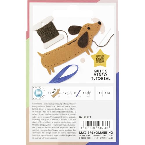 folia 52921 - Mini Filzinies DACKEL, 12-teiliges Filz Nähset aus 7 vorgestanzten Filzteilen inkl. Zubehör, zum Basteln eines selbstgenähten Anhängers, für Kinder ab 8 Jahren