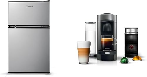 Midea WHD-113FSS1 Refrigerador compacto, 3.1 pies cúbicos, acero inoxidable y cafetera Nespresso VertuoPlus de De'Longhi con espumador de leche,