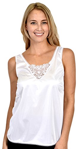 Patricia Lingerie Women's Soft Silky Satin Under Blouse Sleeveless Camisole with V-Neck Floral Lace Trim and Wide Straps