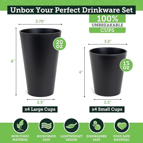 Grow Forward Premium Wheat Straw Cups - 13 & 20 oz Unbreakable BPA Free Hard Plastic Cups - Reusable Lightweight Plastic Drinking Glasses for Kitchen, Outdoor, Water, Camping, RV - Midnight