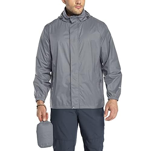 33,000ft Regenjacke Herren Leicht Wasserdicht Faltbare Regenmantel mit Kapuze Fahrrad Rain Windbreaker Windjacke Camping Outdoor Grau M