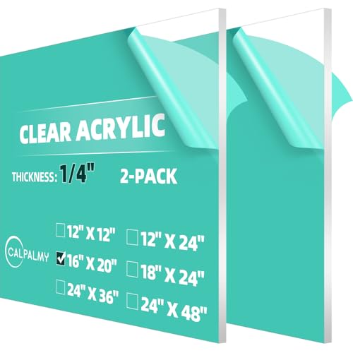 CALPALMY (2 Pack) 1/4" Thick Clear Acrylic Sheets - 16 x 20 Pre-Cut Plexiglass Sheets for Craft Projects, Signs, Display Cases, Sneeze Guard, and More - Cut with Engraver, Power Saw or Hand Tools