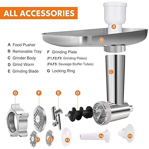 Metal Meat Grinders Attachments For All Kitchenaid Stand Mixers, Electric Food Processor Veggies Shredder Kitchen Aid Mixer Accessories With 2 Sausage Stuffer And 4 Grinding Blades (Silver) #TOP2