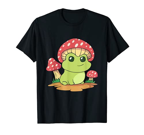 Frog with Mushroom Hat Cottagecore Kawaii Aesthetic Maglietta