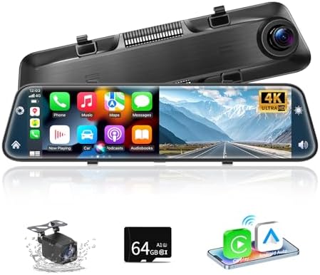 Herilary 12 Zoll 4K Rückfahrkamera Spiegel mit Wireless Android Auto CarPlay, Dashcam Spiegel mit G-Sensor, Loop-Aufnahme, Einparkhilfe, Bluetooth, Mirror Link, AUX, SD-Karte, WDR,