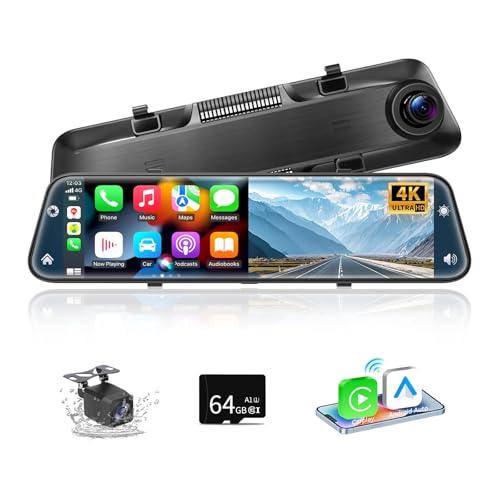 2025 Neuestes 12 Zoll 4K Rückfahrkamera Spiegel mit Wireless CarPlay Android Auto, Dashcam Auto Spiegel mit Einparkhilfe Navigation G-Sensor Loop-Aufnahme Bluetooth Mirror Link WDR AUX 64G SD-Karte