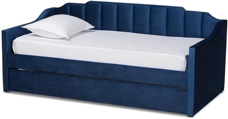 BOWERY HILL Twin Size Daybed with Trundle, Navy Blue Velvet Upholstery, Channel Tufted Wood Frame, Foam Padding, 53.1" H x 81.9" W x 42.1" D, Elegant Bedroom Furniture for Guest Accommodation